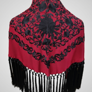 Mantoncillo crepe de seda bicolor granate con bordado y flecos negro