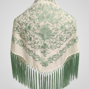 Mantoncillo crepe de seda bicolor crema con bordados y flecos en verde menta empolvado