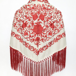 Mantoncillo crepe de seda bicolor crema con bordados y flecos en color teja