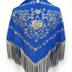 Mantoncillo crepe de seda bicolor azul royal con bordados y flecos plateados