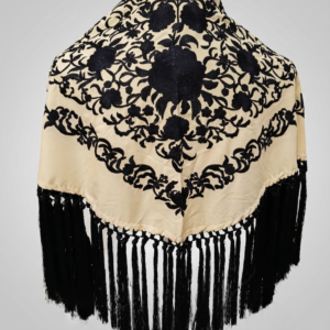 Mantoncillo crepe de seda bicolor beige con bordado y flecos negro
