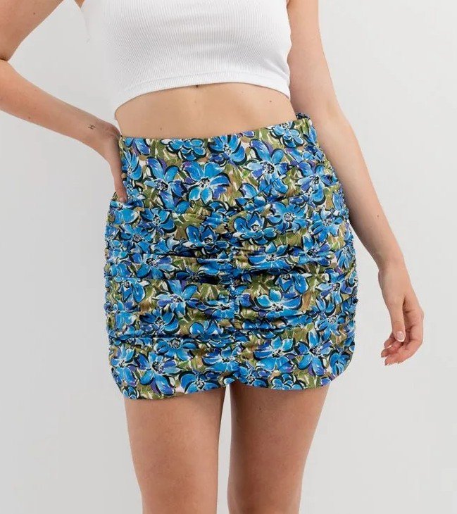 Falda-mini frunces flores azules