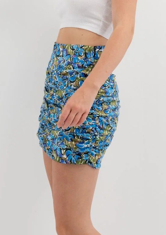 Falda-mini frunces flores azules - Imagen 3