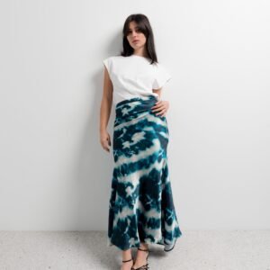 Falda midi satinada estampada tie dye - Verde
