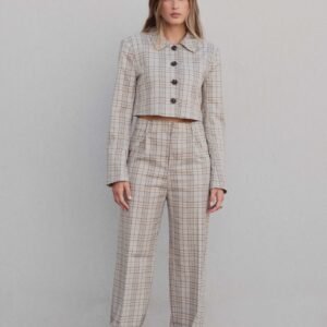 Pantalón pinzas cuadros - Beige