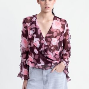 Blusa burdeos volantes estampada