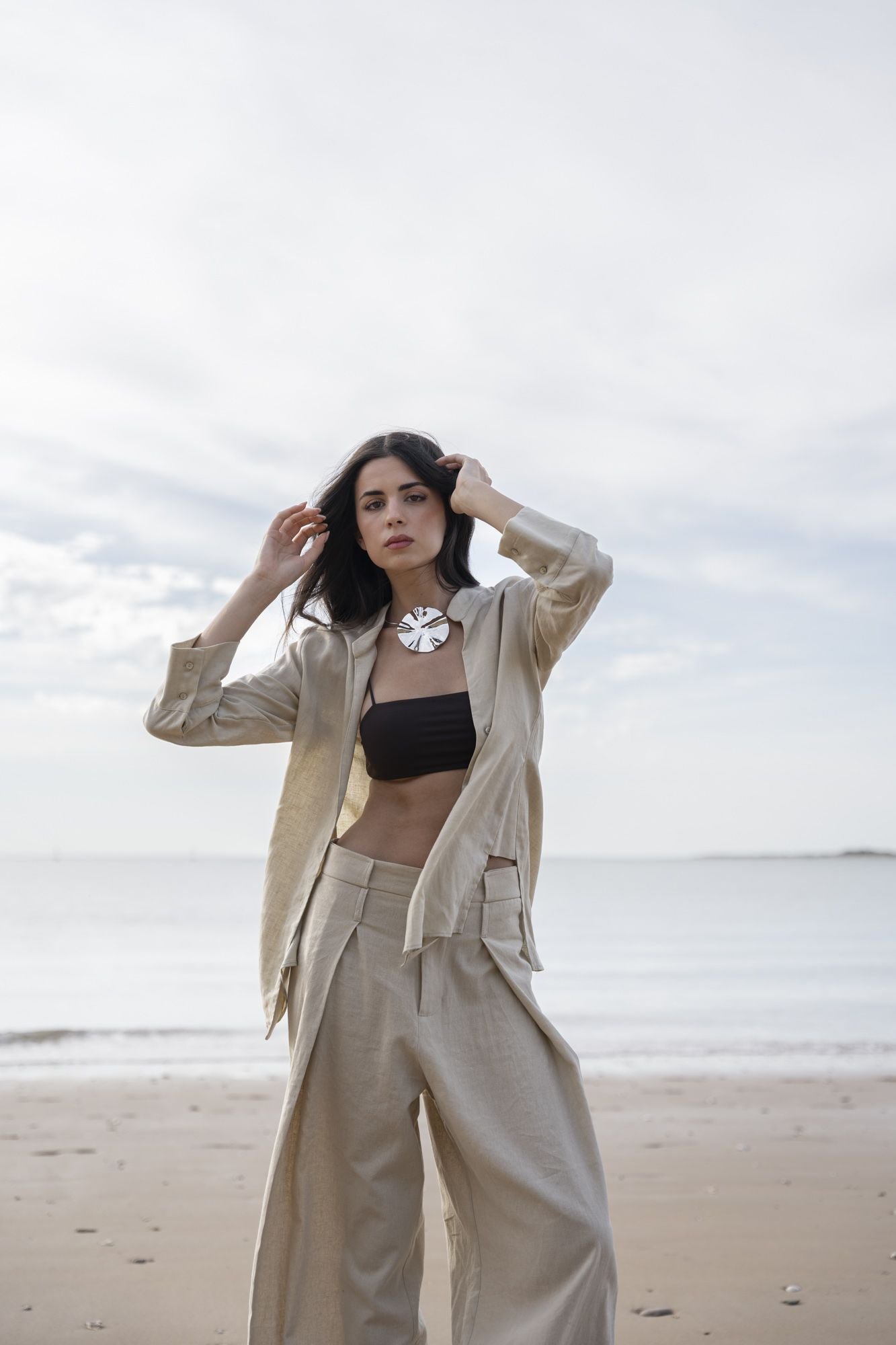 Camisa lino beige - Imagen 3