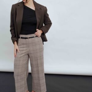 Pantalón culotte cuadros cinturón - Marrón