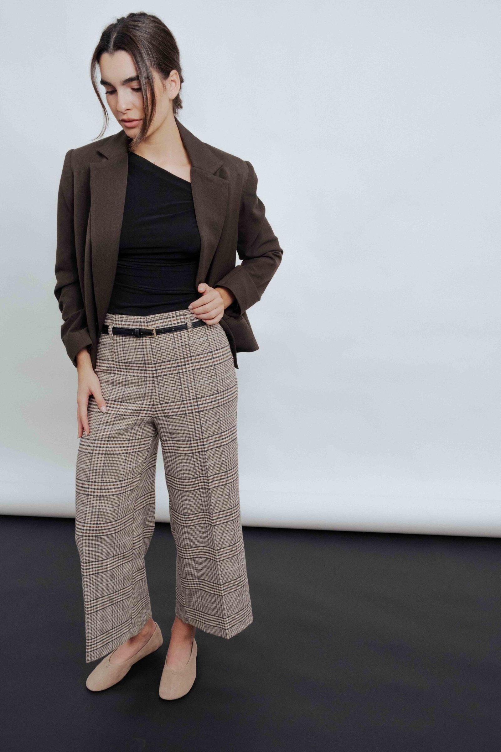 Pantalón culotte cuadros cinturón - Marrón