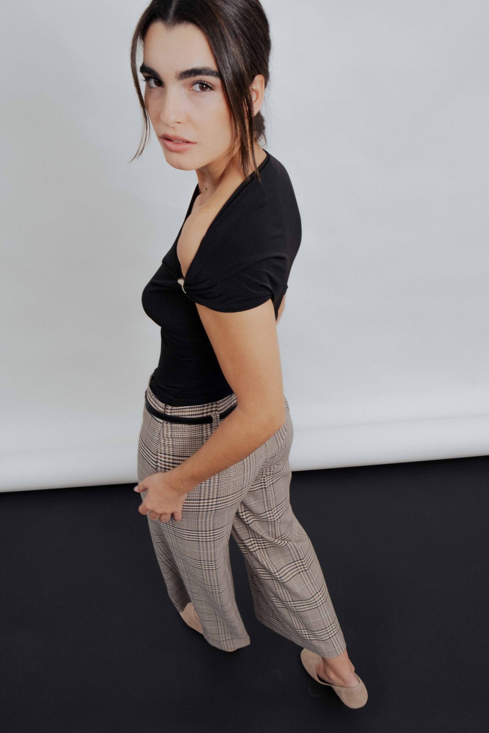 Pantalón culotte cuadros cinturón - Marrón - Imagen 5